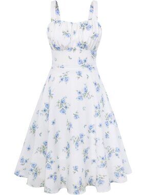 Women's White-Blue Flower Vintage A-Line Midi Cocktail Spaghetti Strap Tea Dress